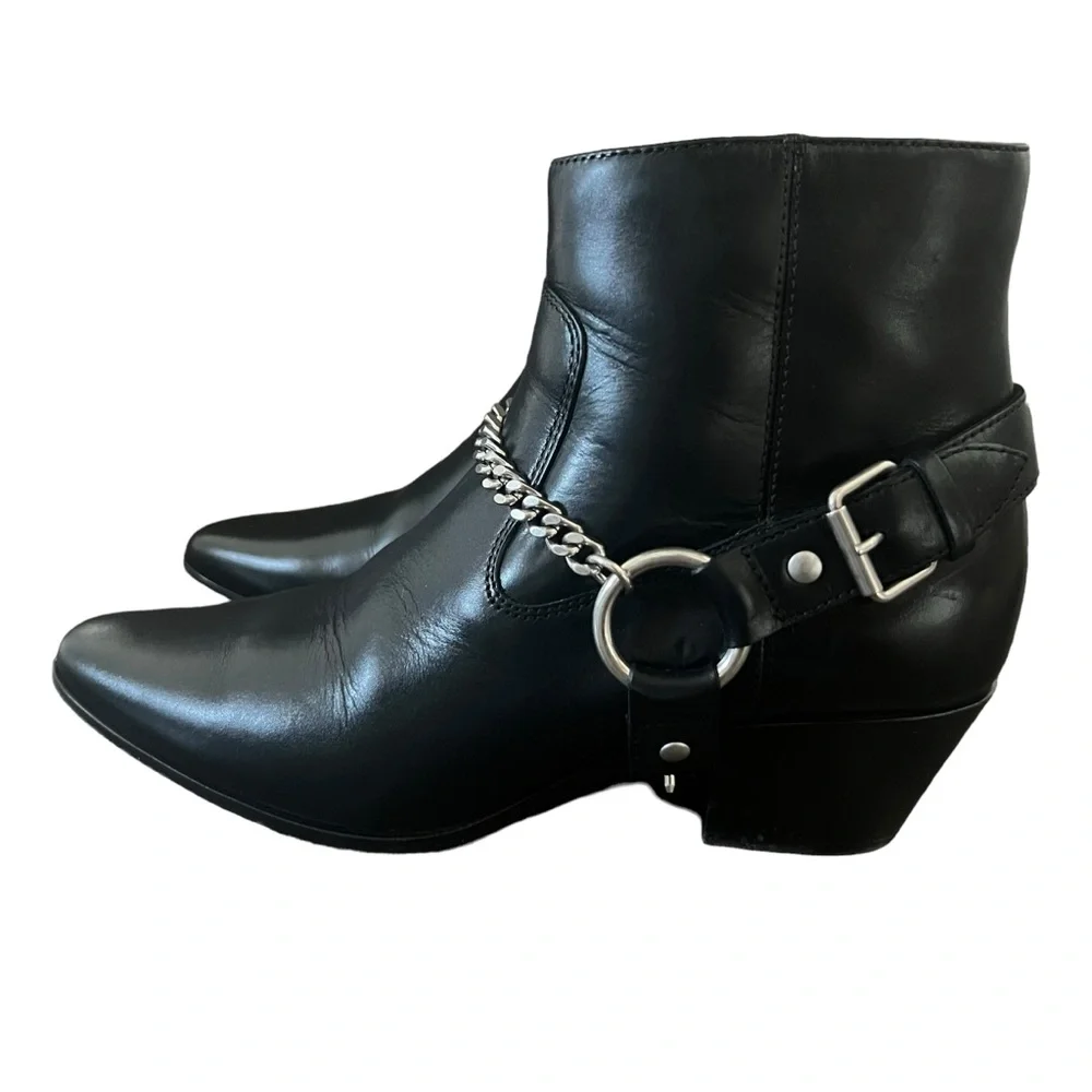 Saint Laurent Black Leather Western Chain Ankle Boots - Picture 2 of 16